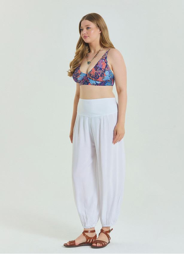 Elastic Waist Relaxed Cut White Plus Size Trousers 4628